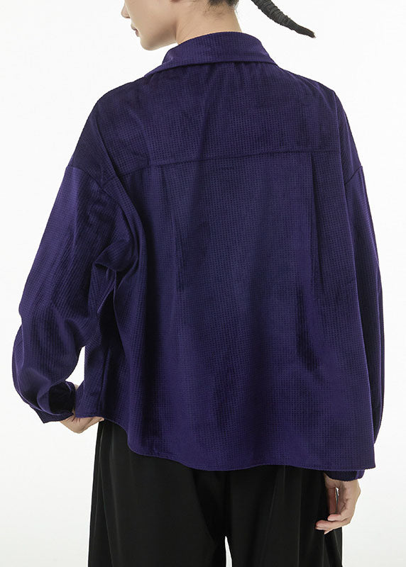 Women Purple Asymmetrical Design Silk Velour Shirt Top Spring TS1081