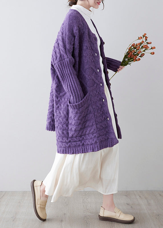 Women Purple O-Neck Button Knit Loose Knit Cardigans Spring F4176