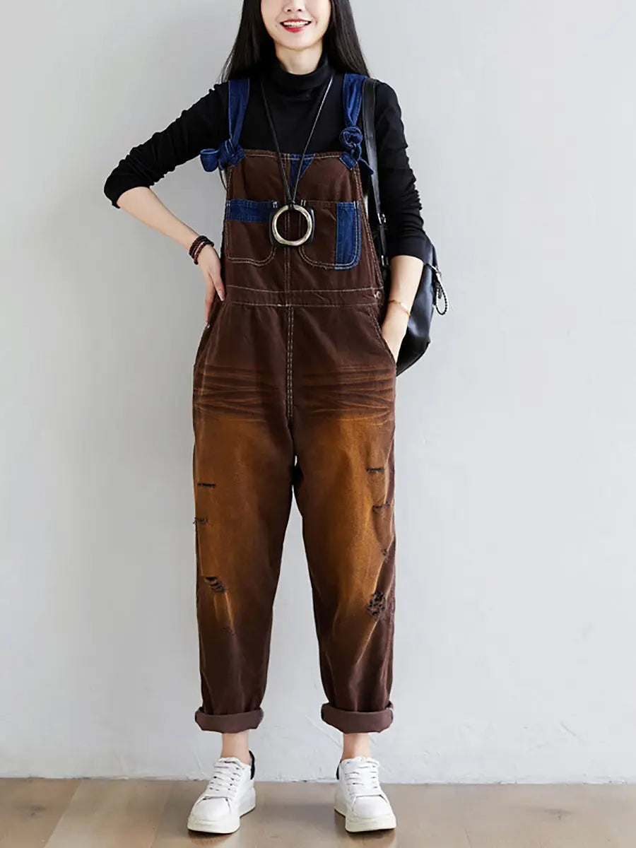 Women Retro Colorblock Autumn Denim Jumpsuits Ada Fashion