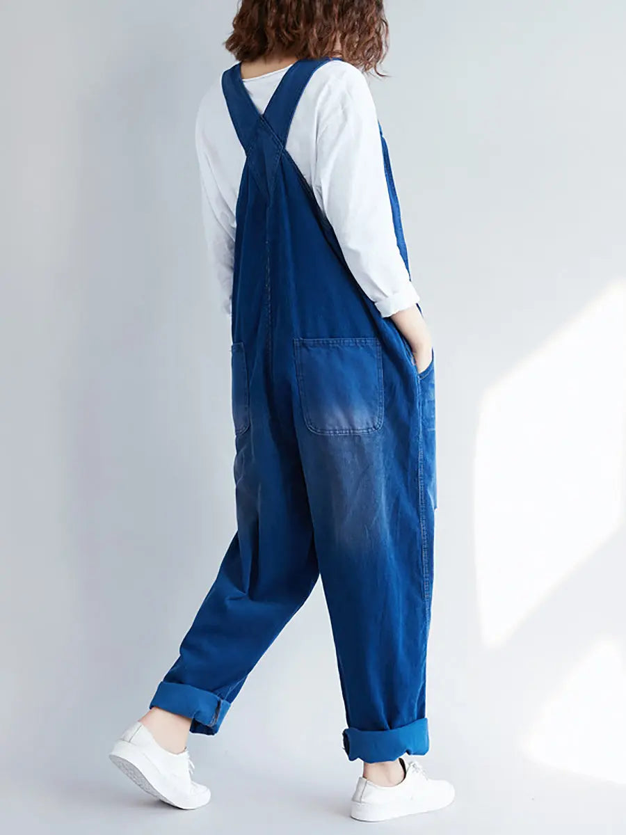 Women Retro Colorblock Autumn Denim Jumpsuits Ada Fashion