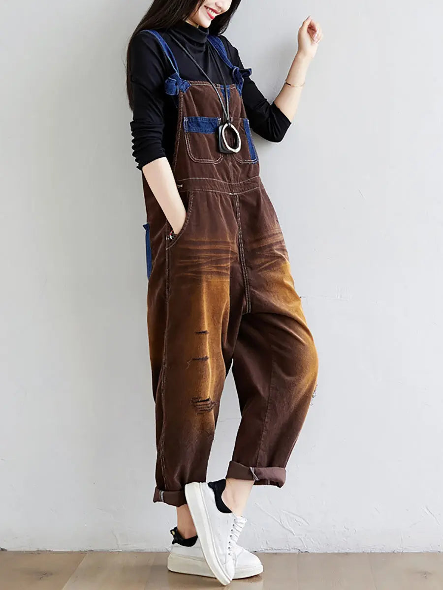 Women Retro Colorblock Autumn Denim Jumpsuits Ada Fashion