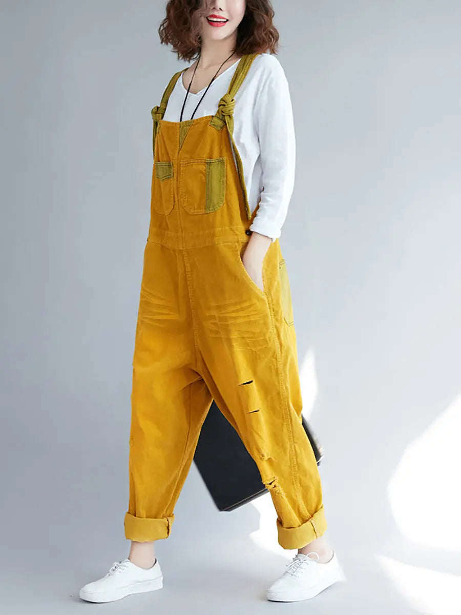 Women Retro Colorblock Autumn Denim Jumpsuits Ada Fashion