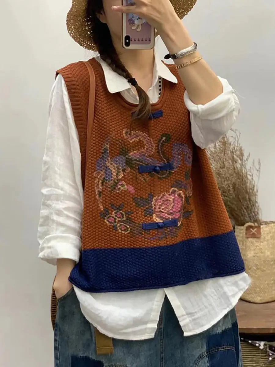 Women Retro Flower Print Colorblock Vest Ada Fashion