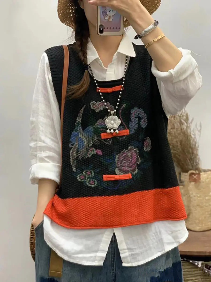 Women Retro Flower Print Colorblock Vest Ada Fashion