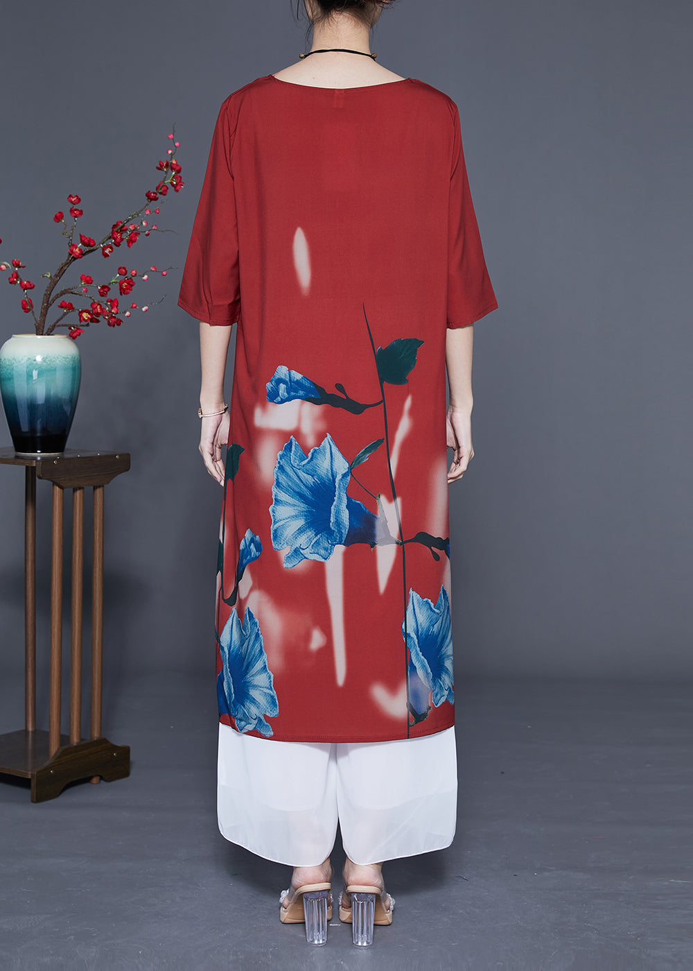 Women Rust O-Neck Morning Glory Print Silk Robe Dresses Half Sleeve LY1101