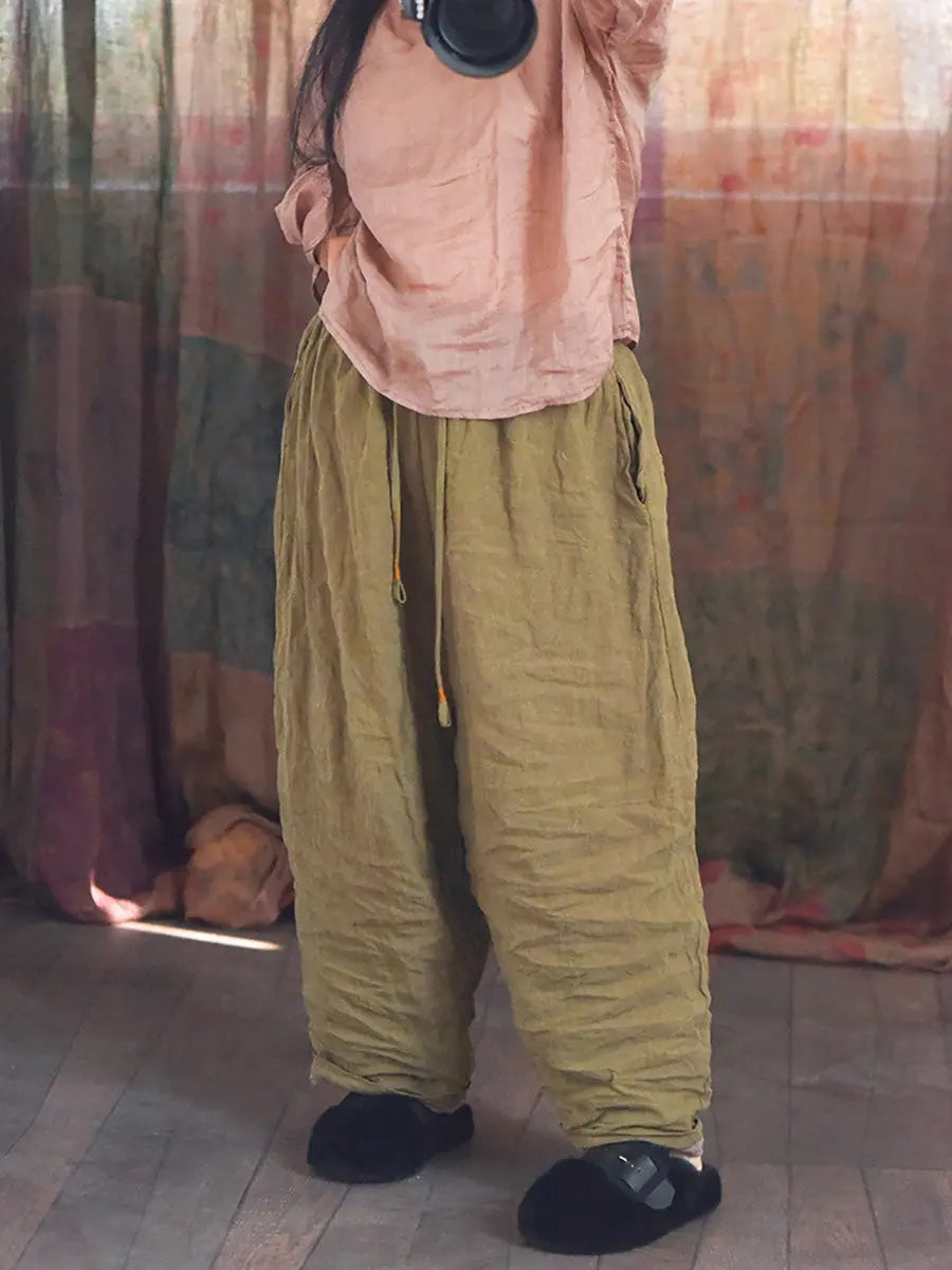 Women Spring Retro Solid Worn Linen Loose Pants Ada Fashion