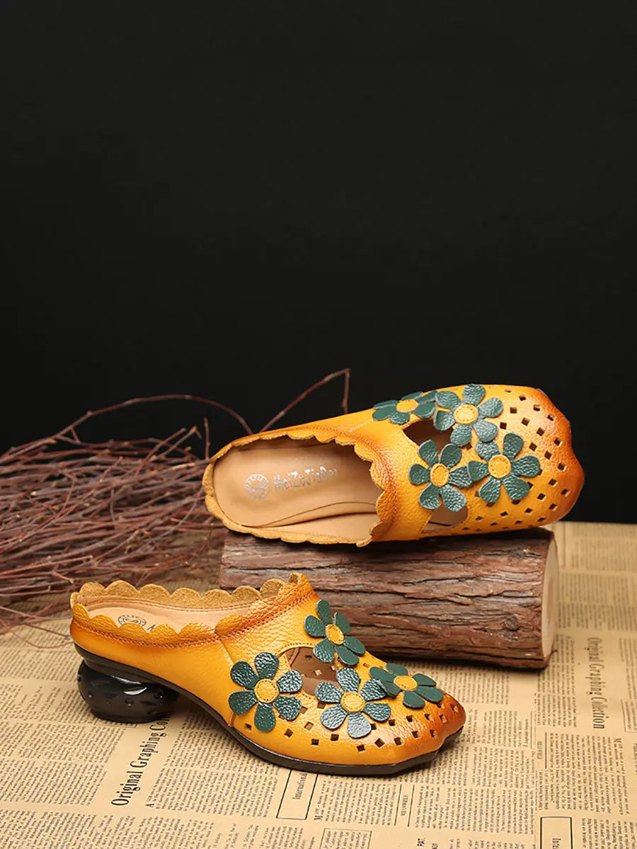 Women Summer Leather Vintage Flower Spliced Slippers Ada Fashion