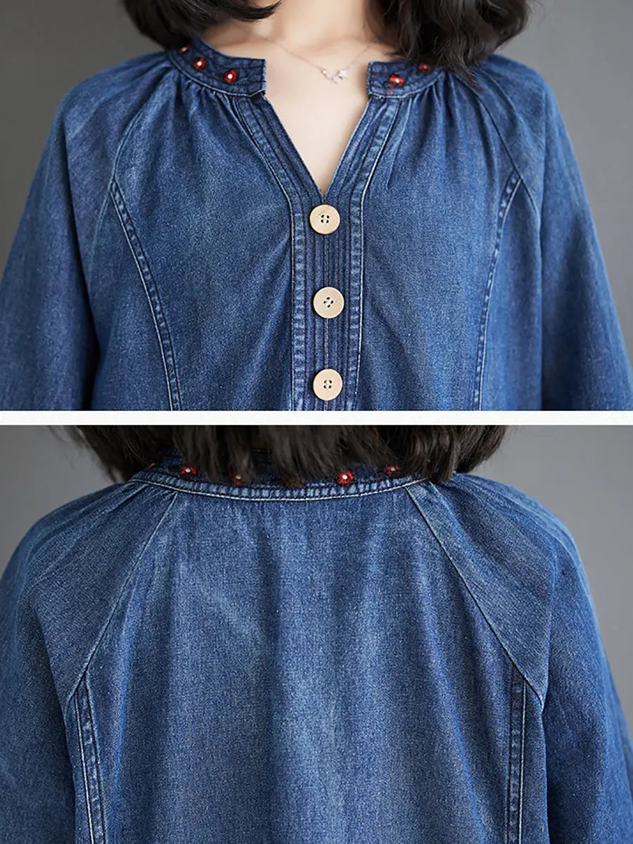 Women Summer Vintage Embroidery Loose Denim Dress Ada Fashion