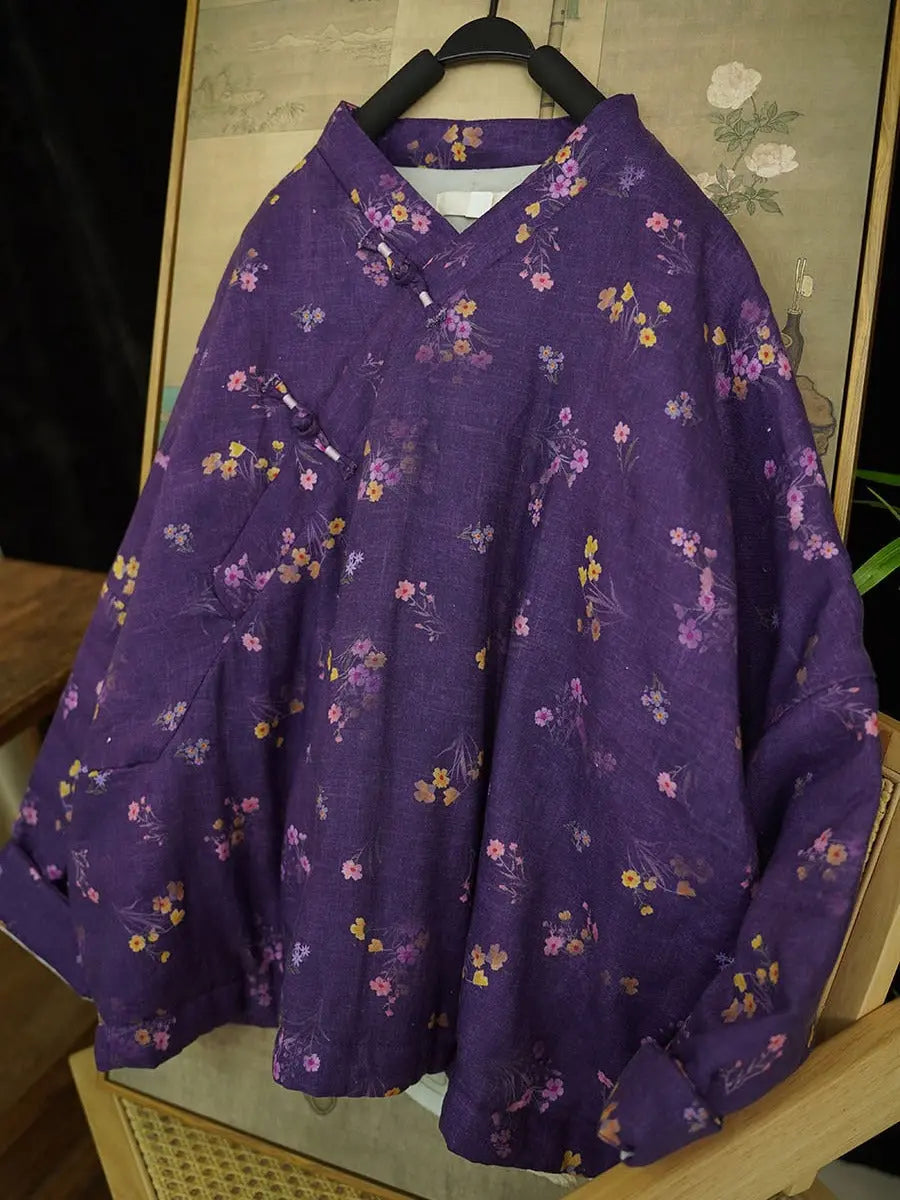 Women Vintage Floral Print V-Neck Linen Padded Coat Ada Fashion