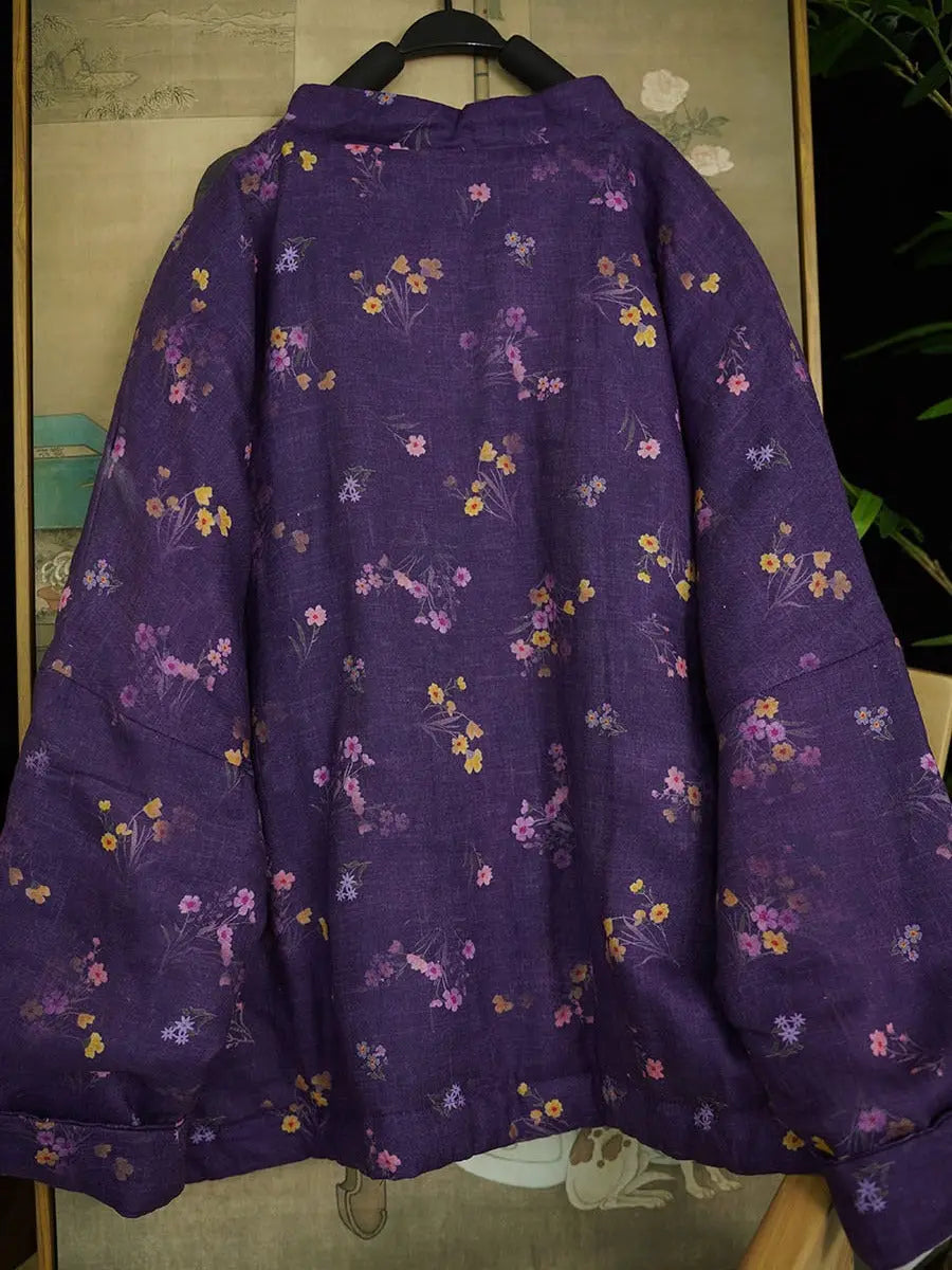 Women Vintage Floral Print V-Neck Linen Padded Coat Ada Fashion