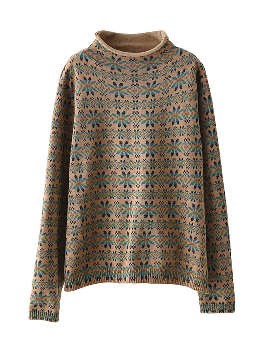 Women Vintage Floral Turtleneck Warm Pullover Sweater Ada Fashion