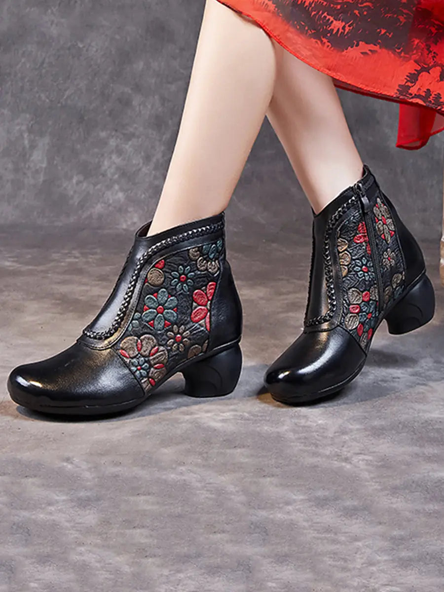 Women Vintage Leather Flower Jacquard Ankle Boots Ada Fashion