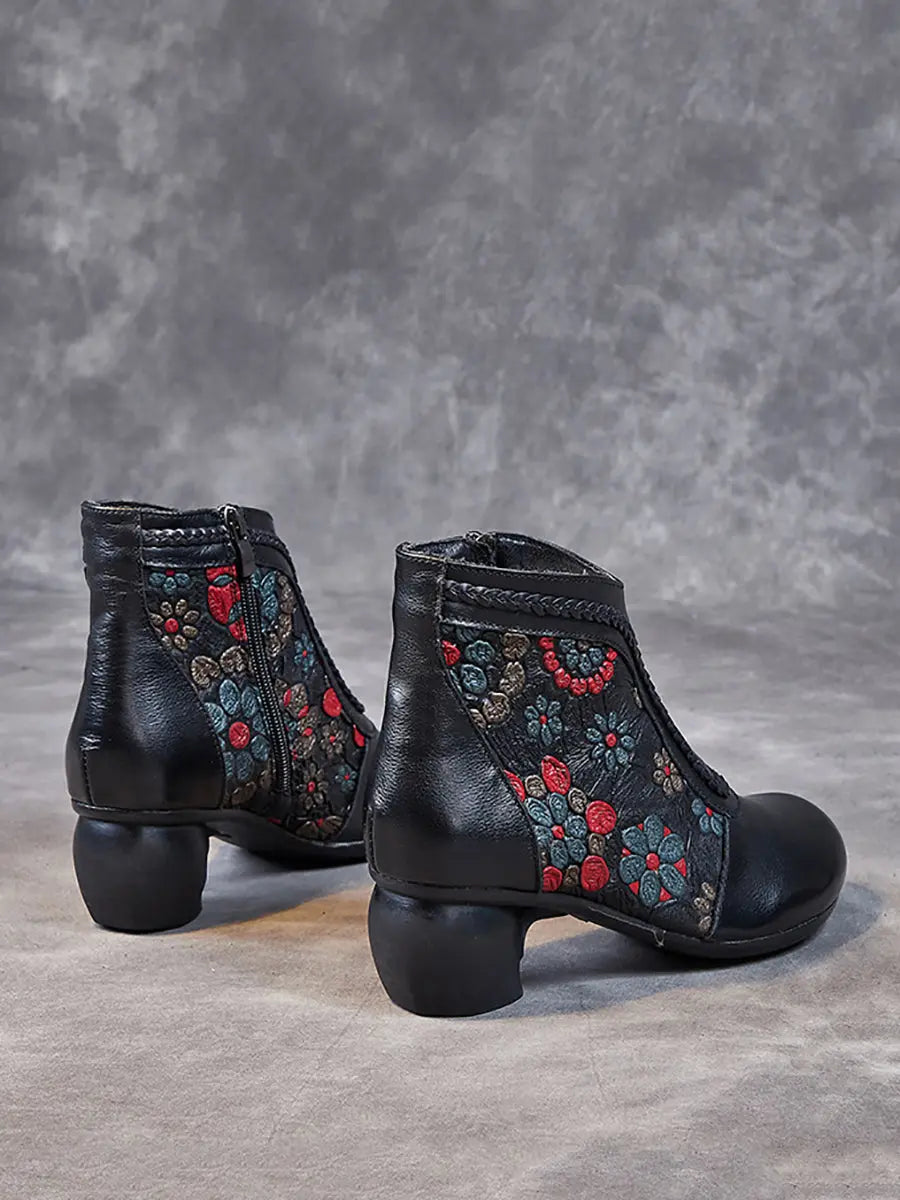 Women Vintage Leather Flower Jacquard Ankle Boots Ada Fashion