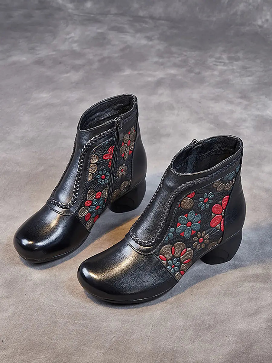 Women Vintage Leather Flower Jacquard Ankle Boots Ada Fashion