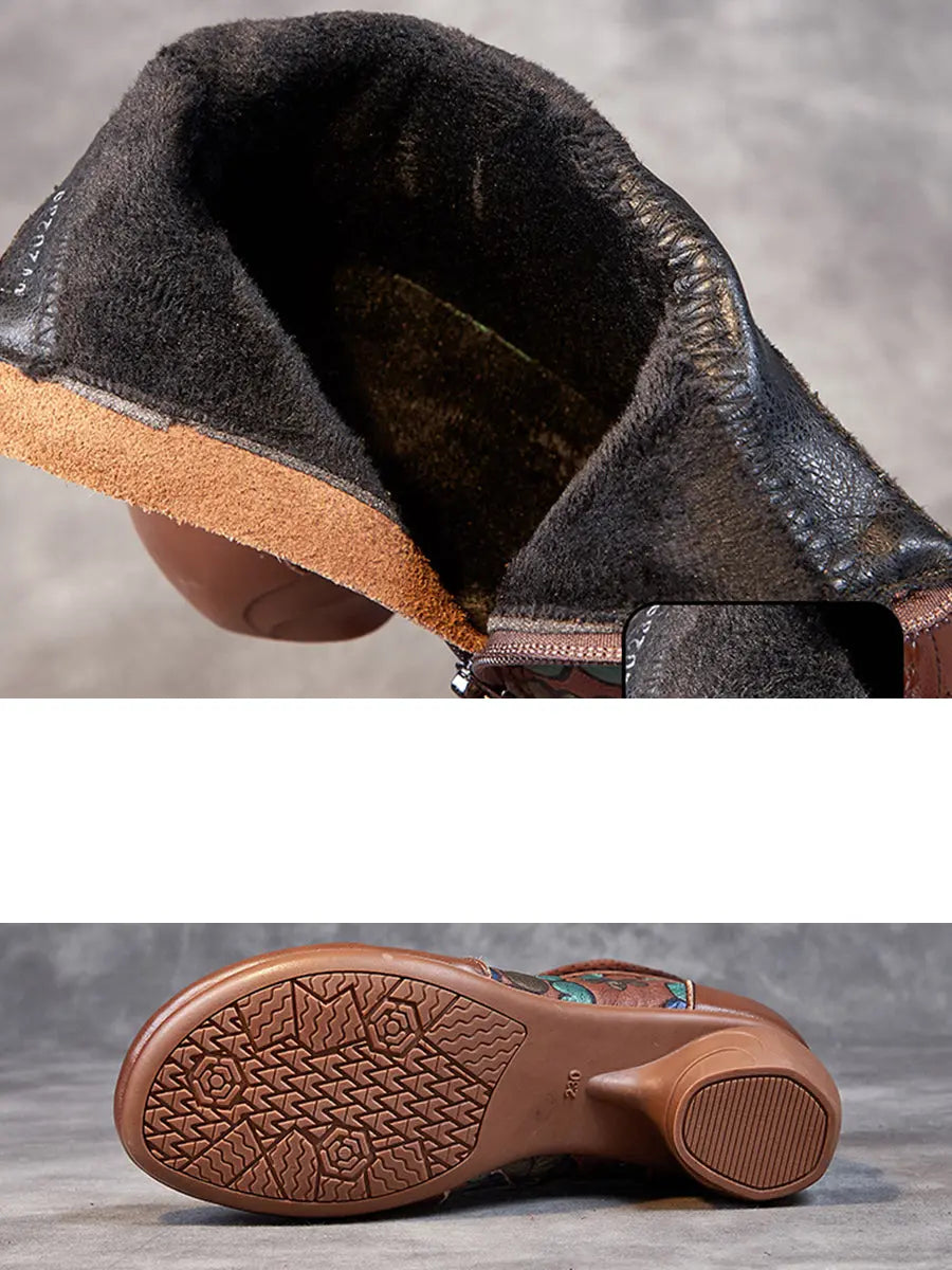 Women Vintage Leather Flower Jacquard Ankle Boots Ada Fashion