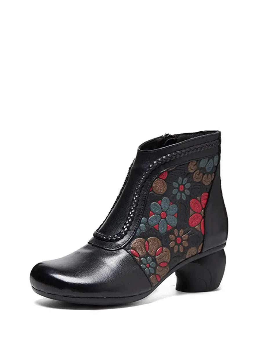 Women Vintage Leather Flower Jacquard Ankle Boots Ada Fashion