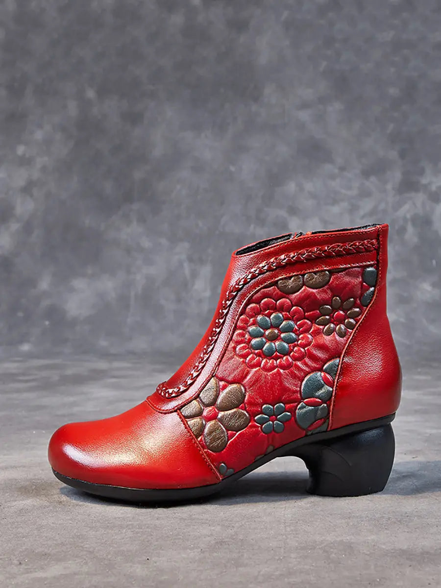 Women Vintage Leather Flower Jacquard Ankle Boots Ada Fashion