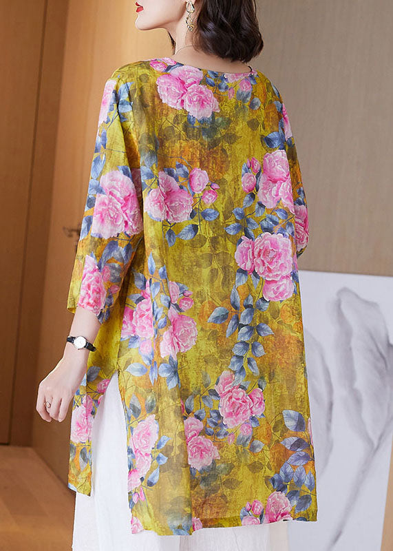 Women Yellow O Neck Print Side Open Patchwork Linen Shirt Tops Summer TF1043
