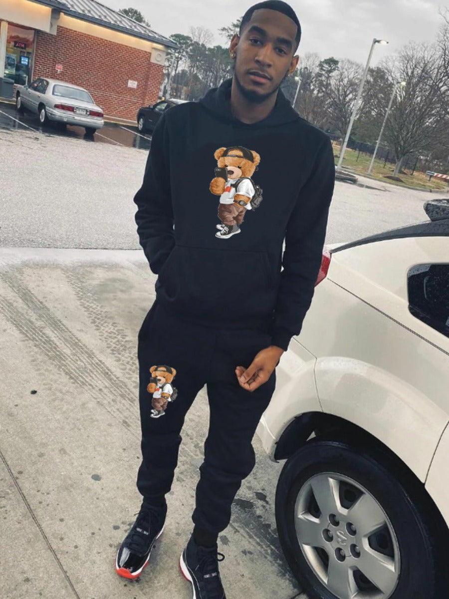 Men Teddy Bear Print Kangaroo Pocket Tracksuit Set AT9074
