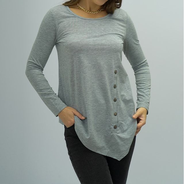 Long-Sleeve Scoop Neck Plain Asymmetrical Tee CA1056