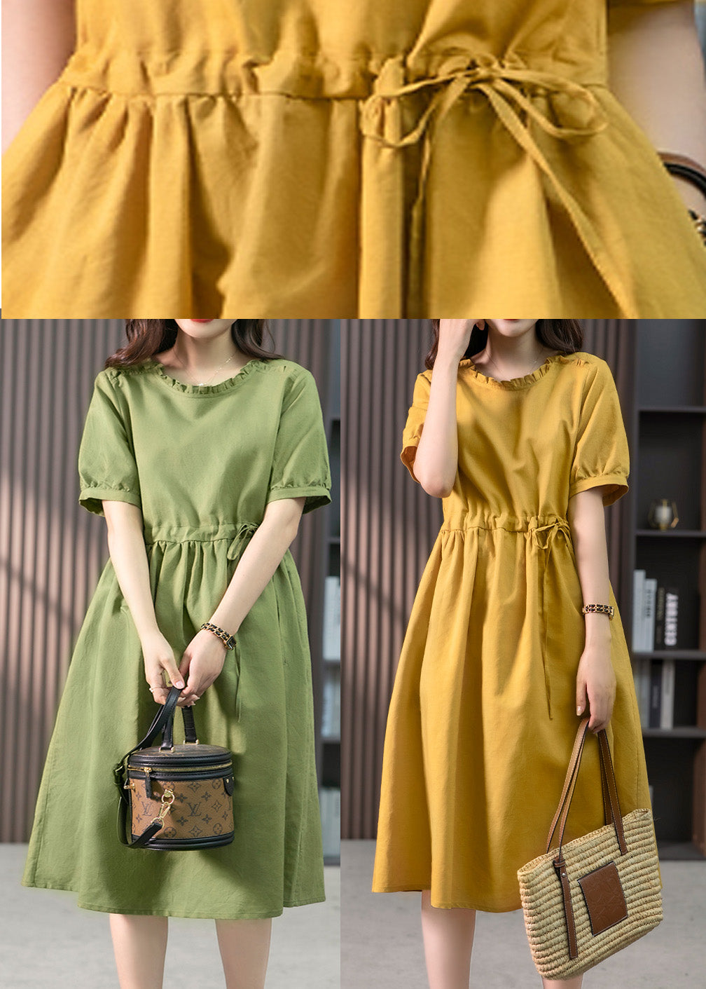 Yellow Drawstring Slim Linen Long Dress Short Sleeve LY1752