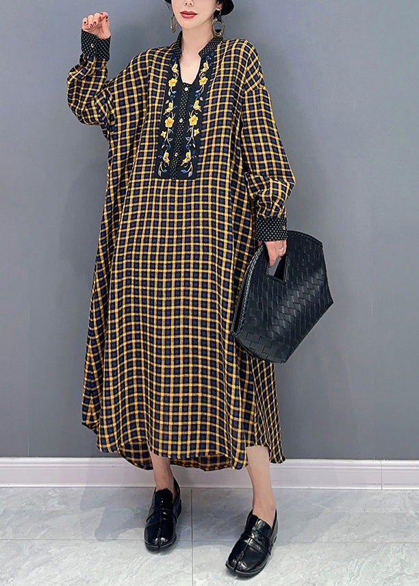 Yellow Plaid Patchwork Maxi Dresses Oversized Spring LY 0552