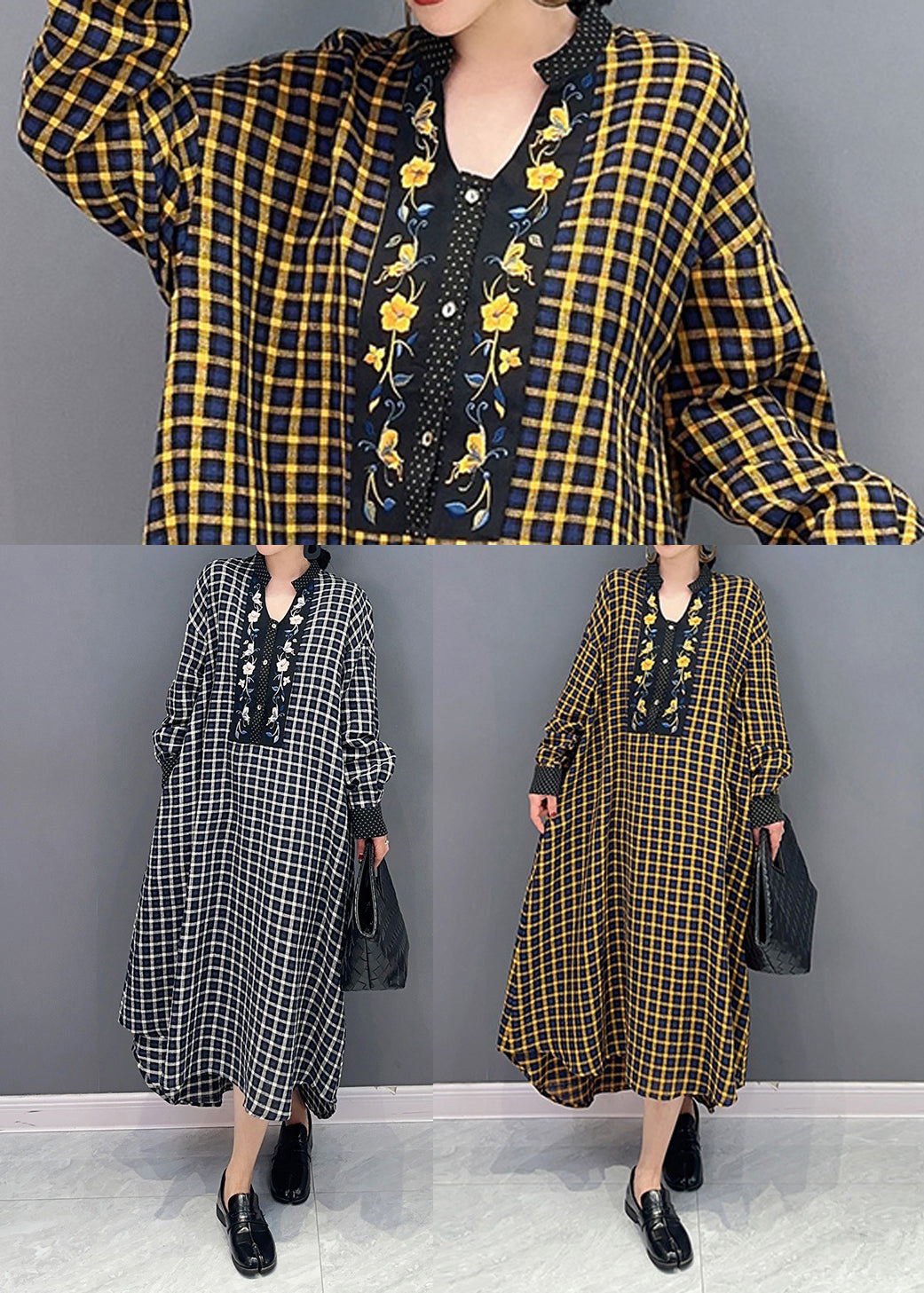 Yellow Plaid Patchwork Maxi Dresses Oversized Spring LY 0552