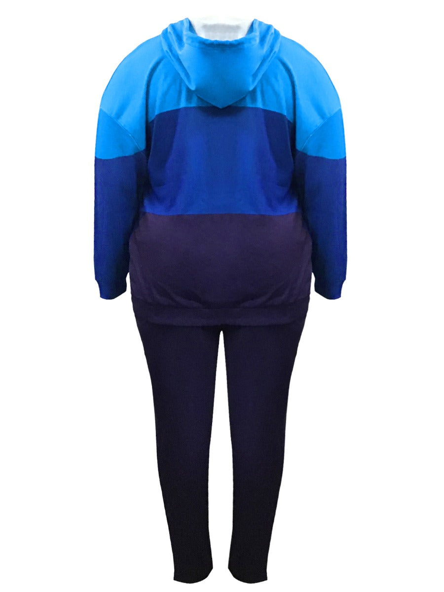 BASICS Plus Size Kangaroo Pocket Patchwork Drawstring Tracksuit Set BO2146
