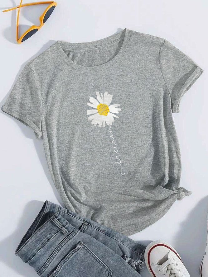 Crew Neck Floral Vacation Loose Floral & Letter Graphic T-Shirt cc180