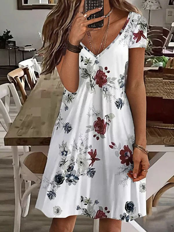 Boho Floral V neck Short Sleeve Knit Dress QD58
