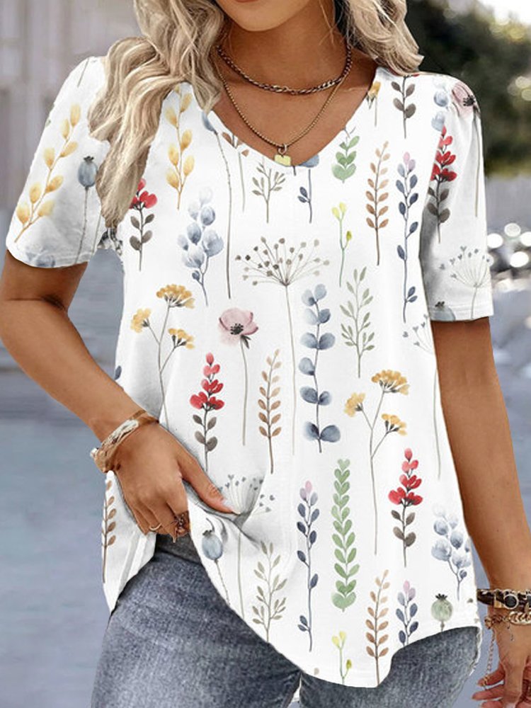 Plus Size Loose Floral Casual V Neck Shirt QX64