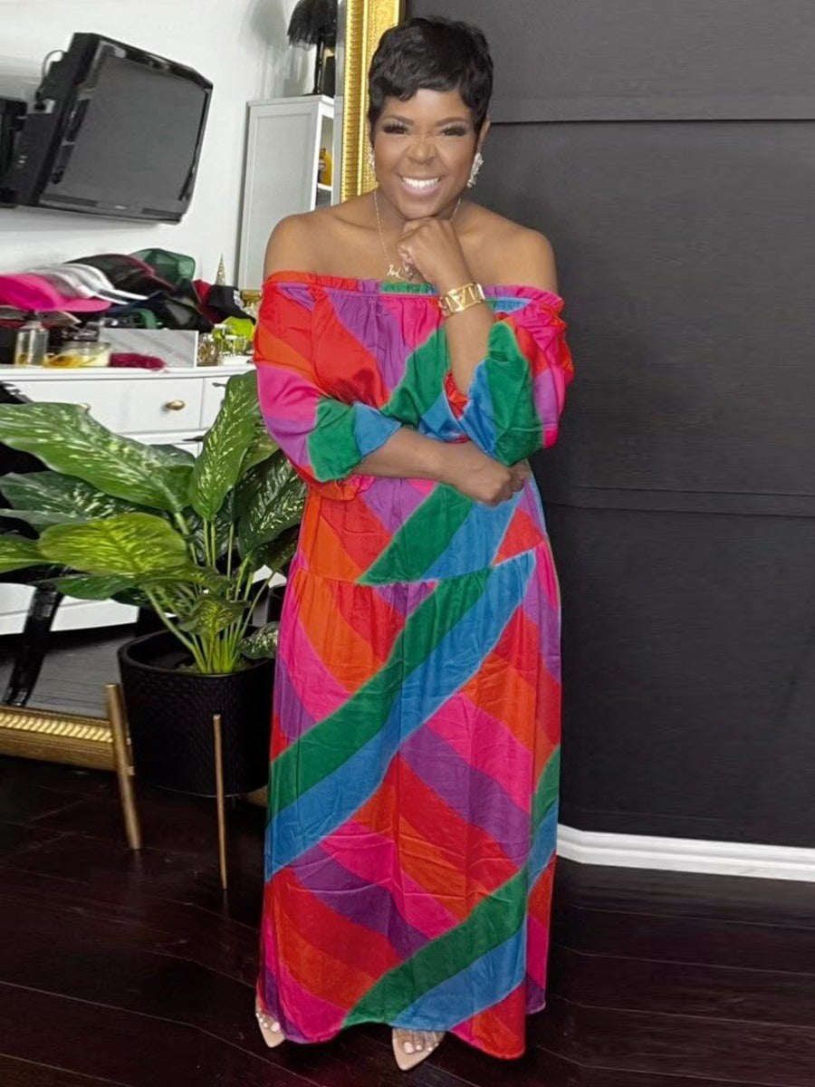 Plus Size Off The Shoulder Mixed Print Loose Dress AT9048