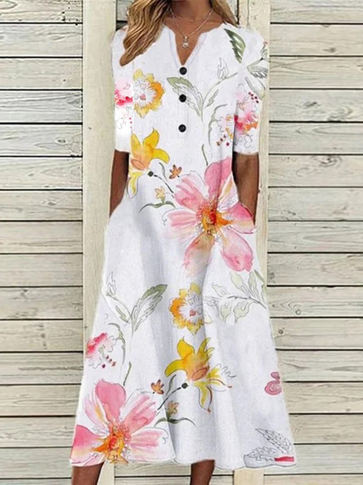 Floral Casual V Neck Half Sleeve Buttoned Pockets A-line Dress QV113