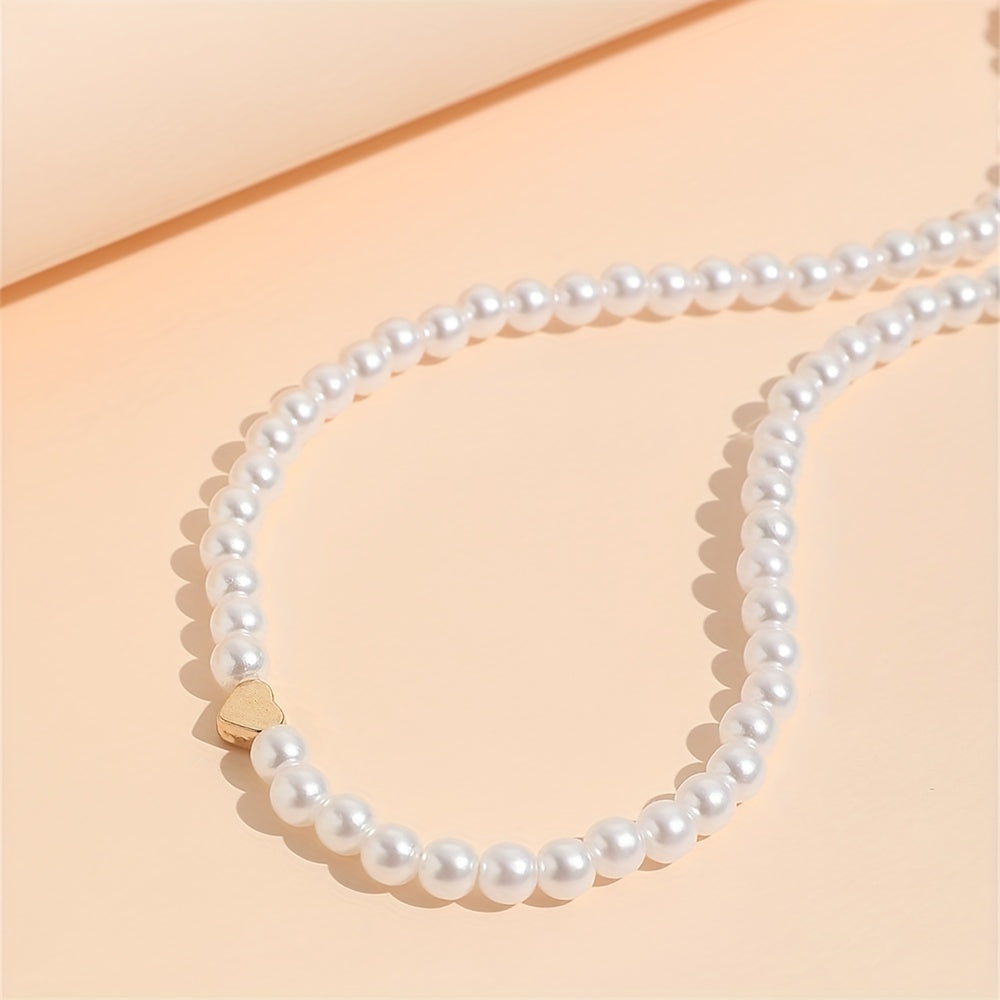 Golden Heart Full Faux Pearl Decor Beaded Necklace GE8570 Furdela