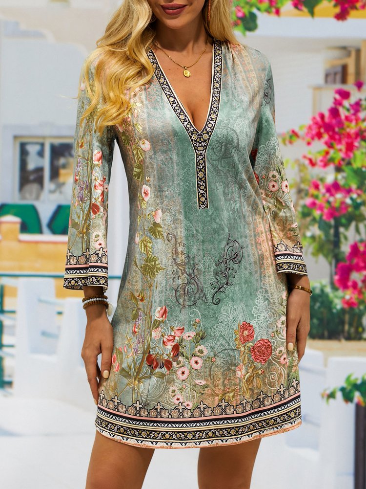 Floral Boho V Neck Loose Dress QM96
