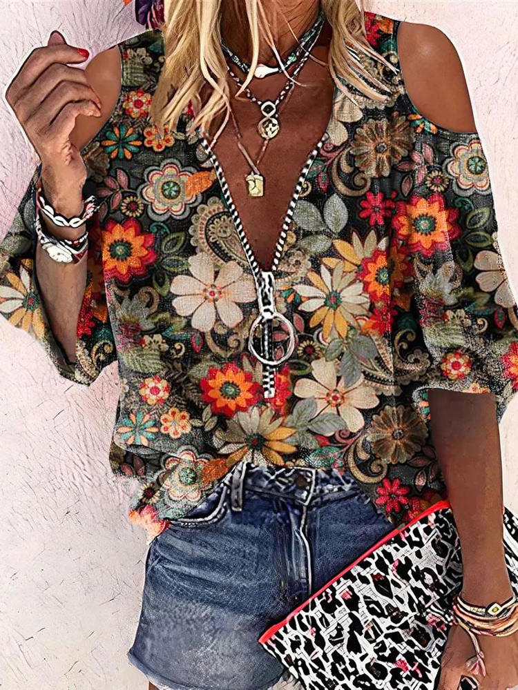 V neck Casual Zipper Floral Shirt QV116