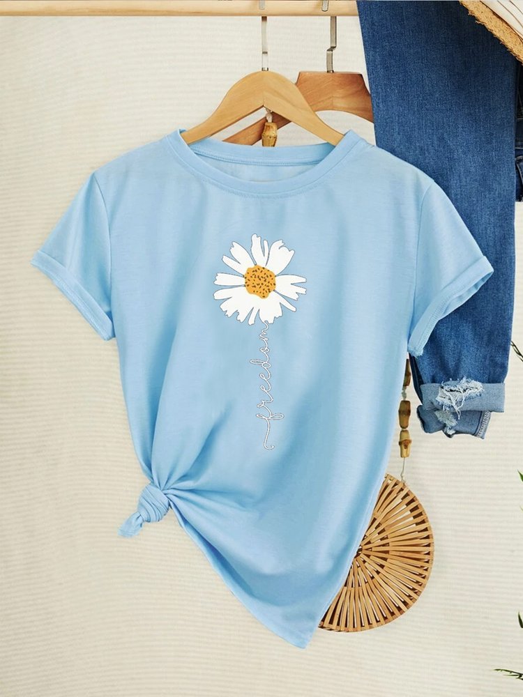 Crew Neck Floral Vacation Loose Floral & Letter Graphic T-Shirt cc180