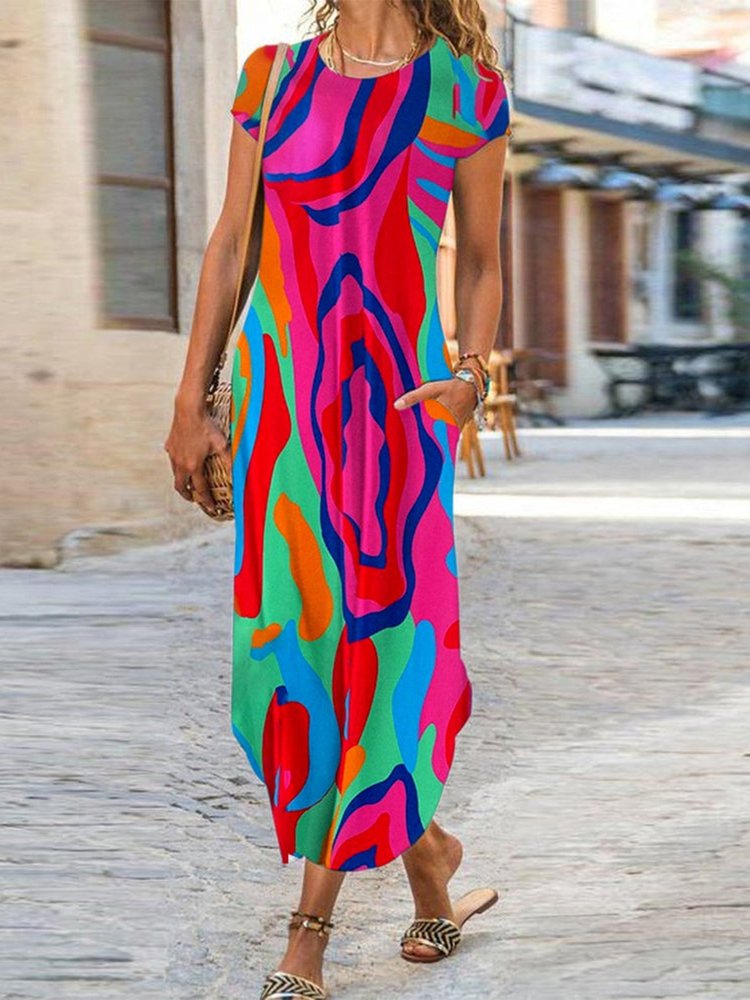 Loose Abstract Graphic Crew Neck Casual Dress QPQ82