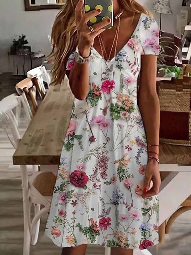 V Neck Casual Floral Loose Dress QM65