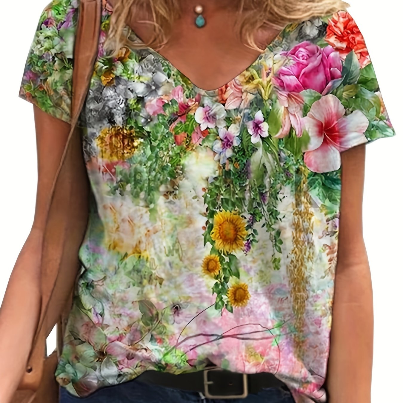 Floral Print V Neck T-Shirt, Casual Short Sleeve T-Shirt For Spring & Summer, Women's Clothing RA109