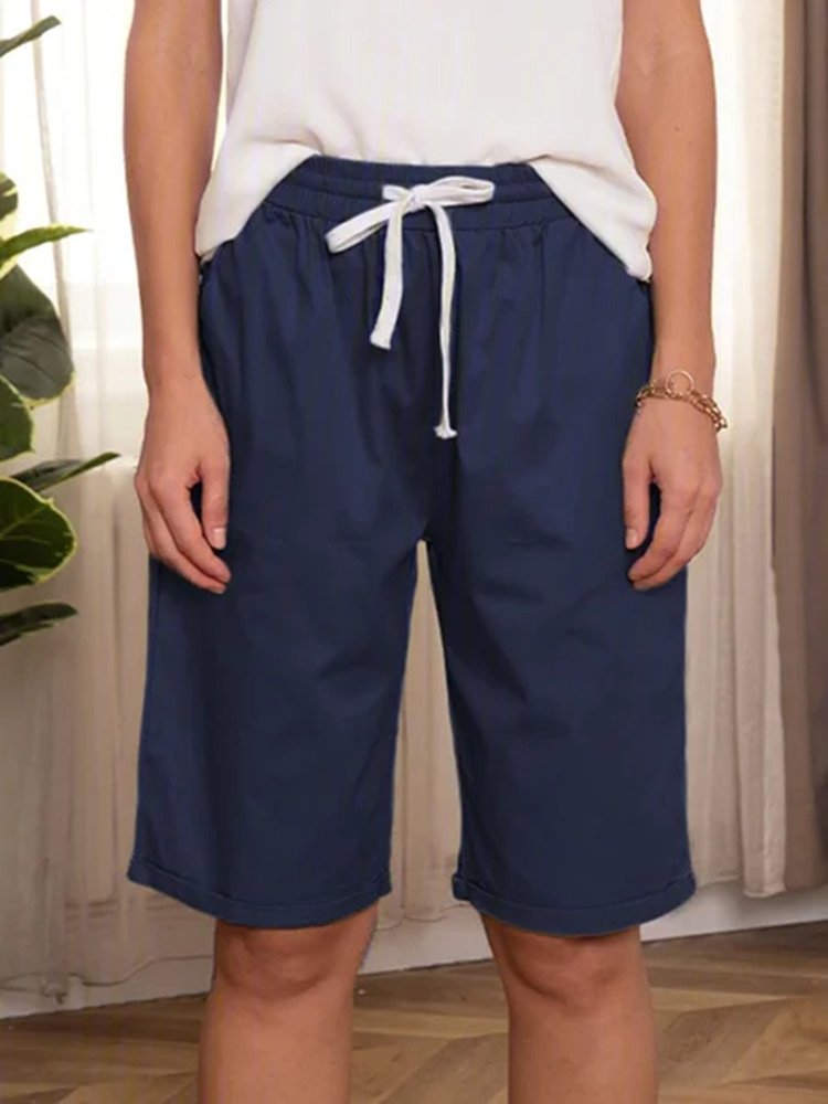 JFN Elastic Waist Solid Causal Pockets Shorts QK96