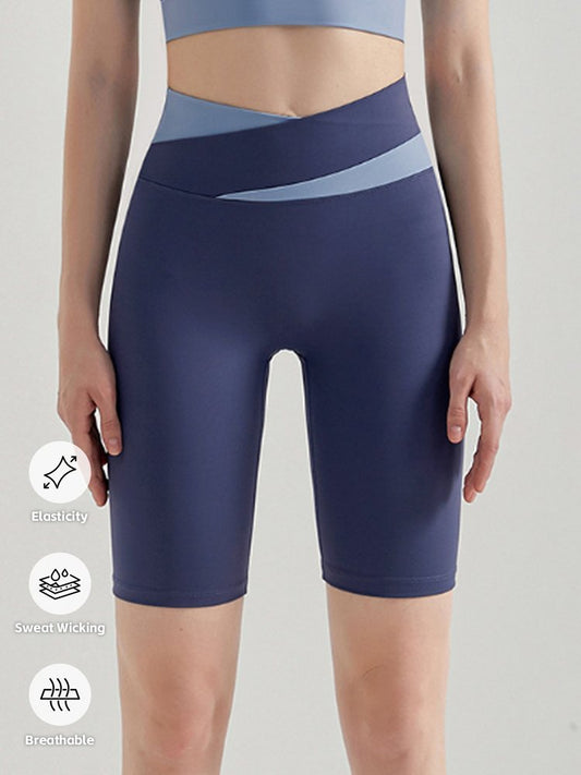 Cross waist color matching fitness pants women's high elastic quick-drying breathable sports pants five-point pants bottoming yoga pants shorts  QN117