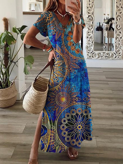 Vacation V Neck Floral Short Sleeve Knit Dress WF62