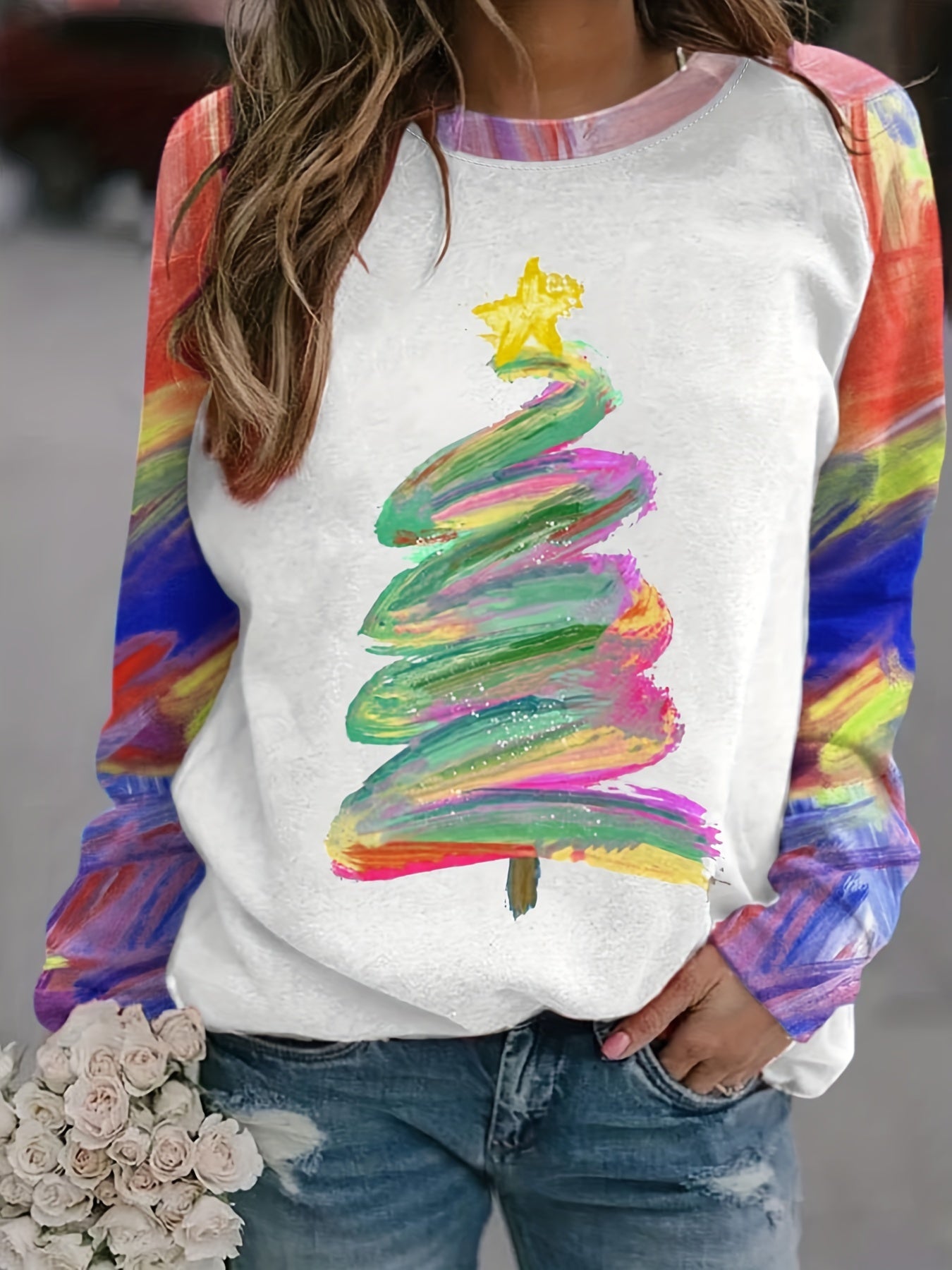 Christmas Tree Print Pullover Sweatshirt RK6301 Furdela