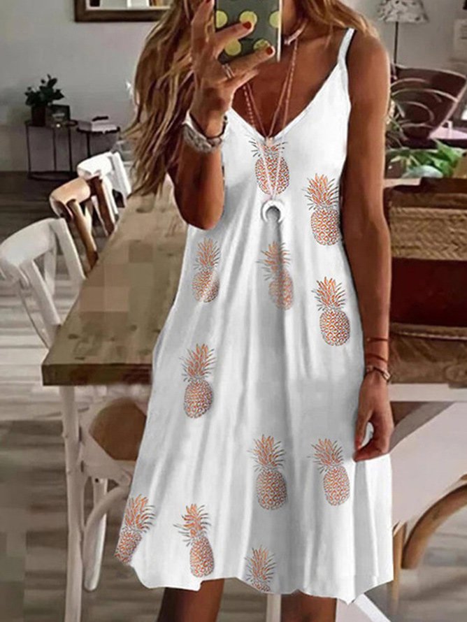 V-neck loose pineapple floral print suspender dress Loosen Knitting Dress QV110