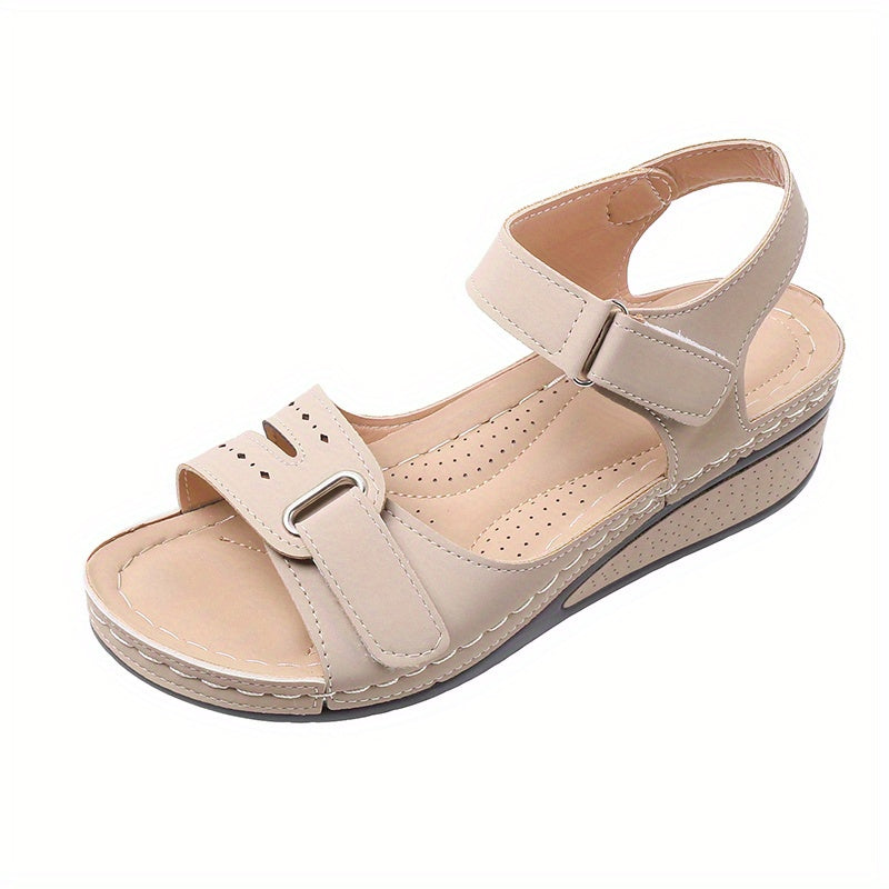 Women's Solid Wedge Sandals, Hokk & Loop Straps Open Toe Anti-skid Shoes, Arch Support Sandals SE1036