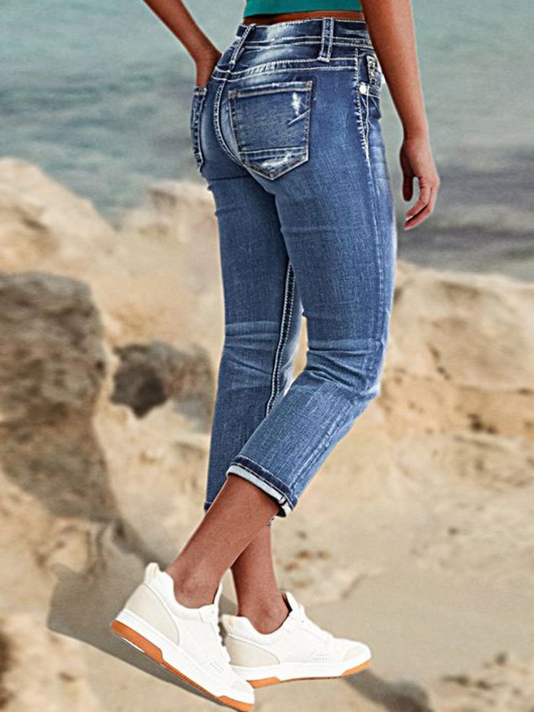 Loose Casual Plain Denim Ripped Zip Fly Mid Waist Capris Jeans WX87