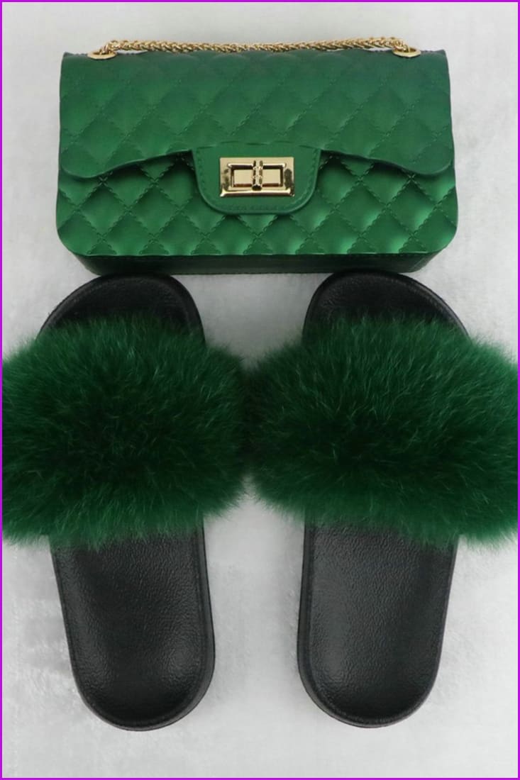 Black Furry Slides with Matching Color Chain Strap Purse F737 - Furdela
