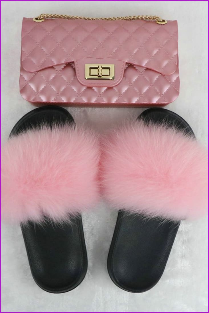 Black Furry Slides with Matching Color Chain Strap Purse F737 - Furdela