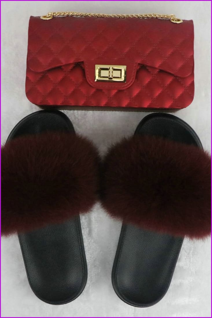 Black Furry Slides with Matching Color Chain Strap Purse F737 - Furdela